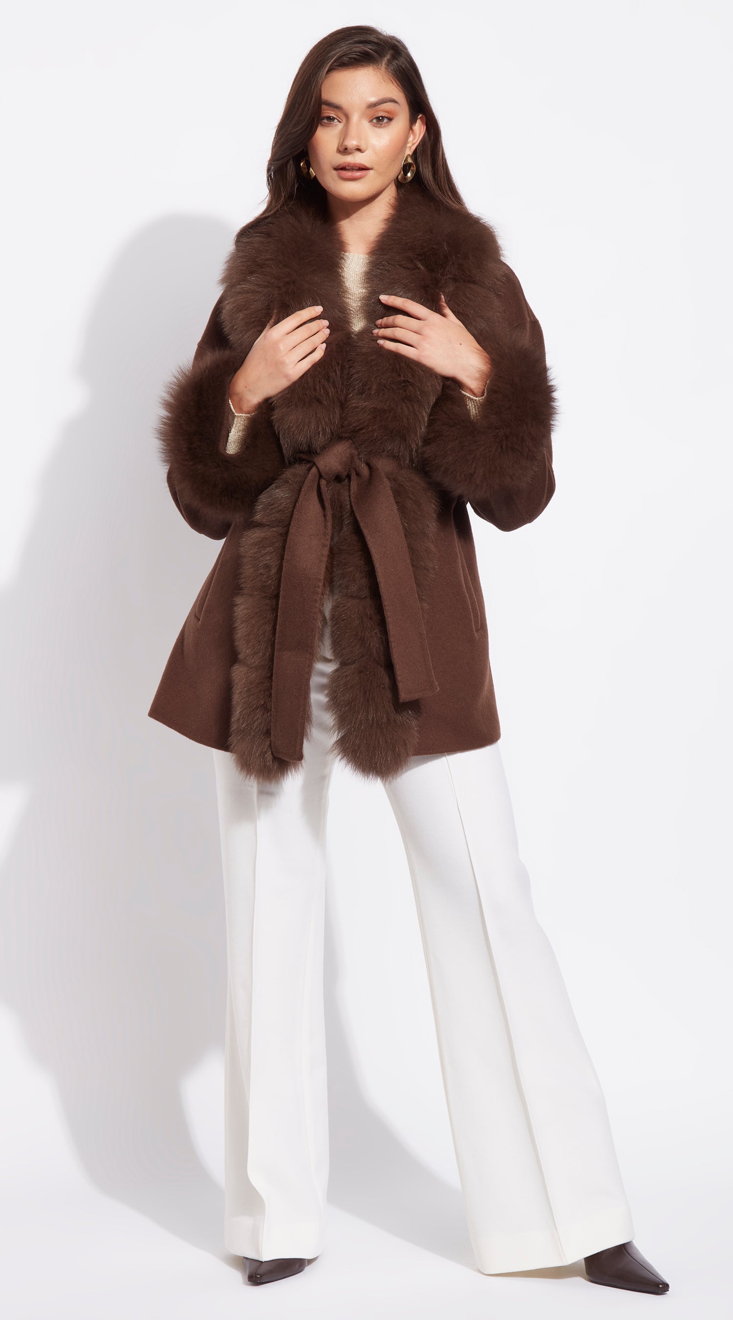 Cashmere & Fox Fur Belted Wrap Coat - Brown