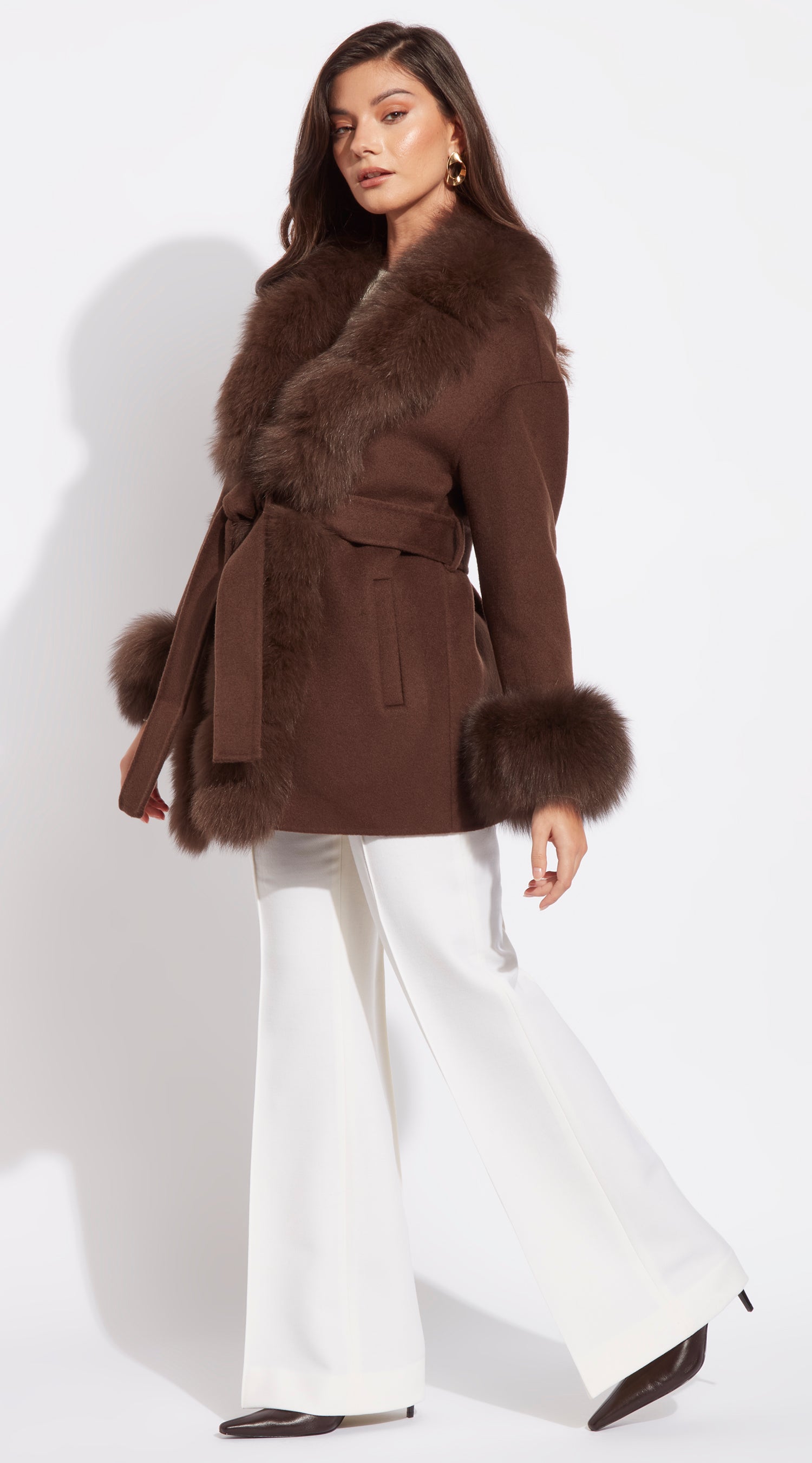 Cashmere & Fox Fur Belted Wrap Coat - Brown