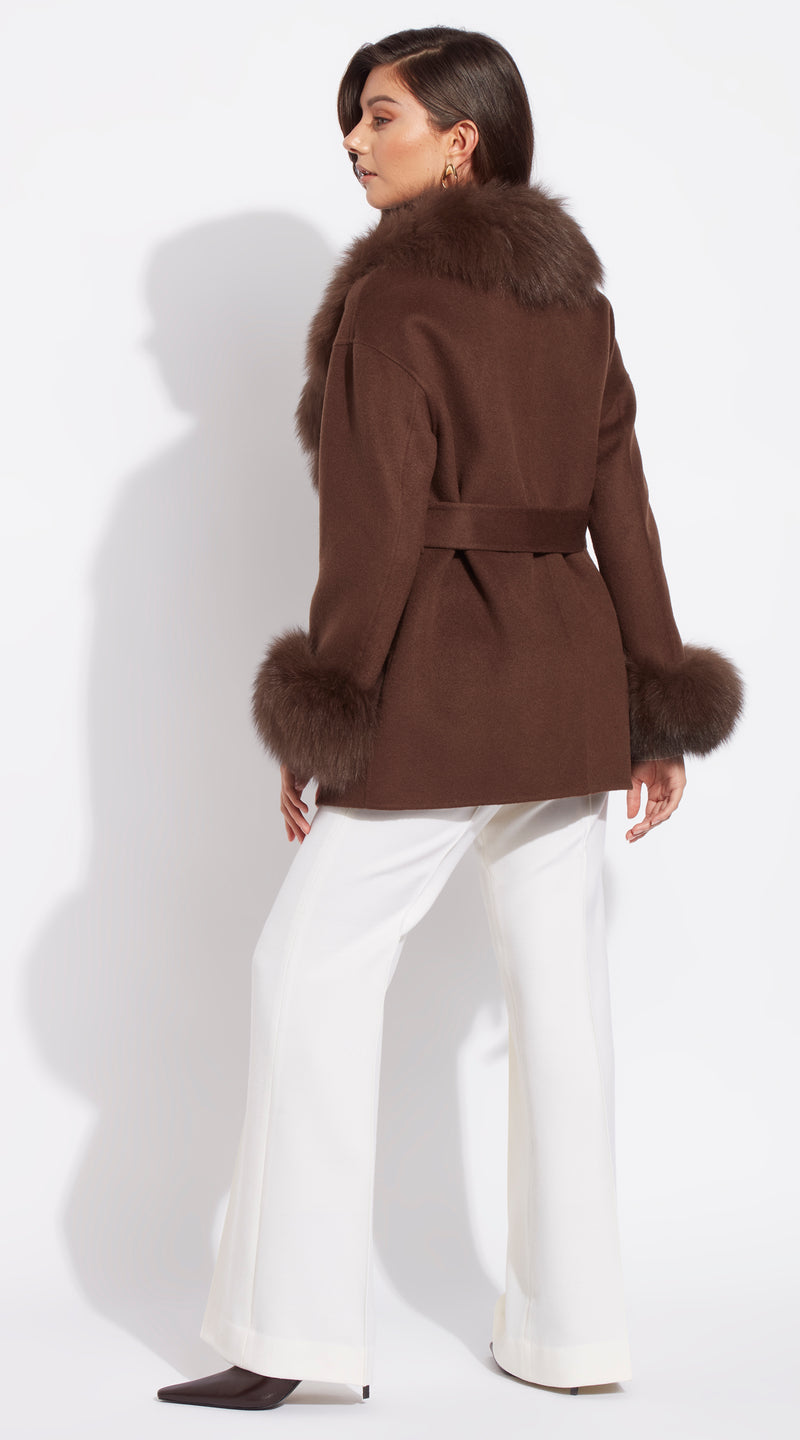 Cashmere & Fox Fur Belted Wrap Coat - Brown