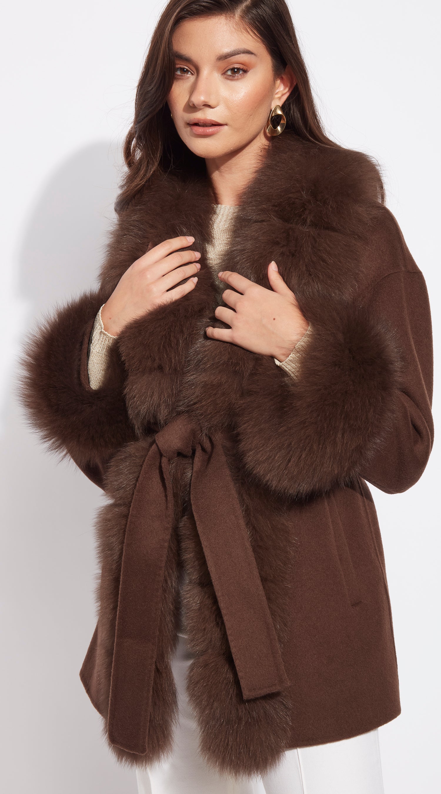 Cashmere & Fox Fur Belted Wrap Coat - Brown