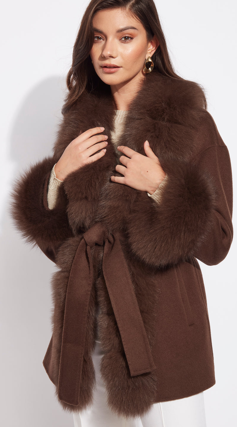 Cashmere & Fox Fur Belted Wrap Coat - Brown