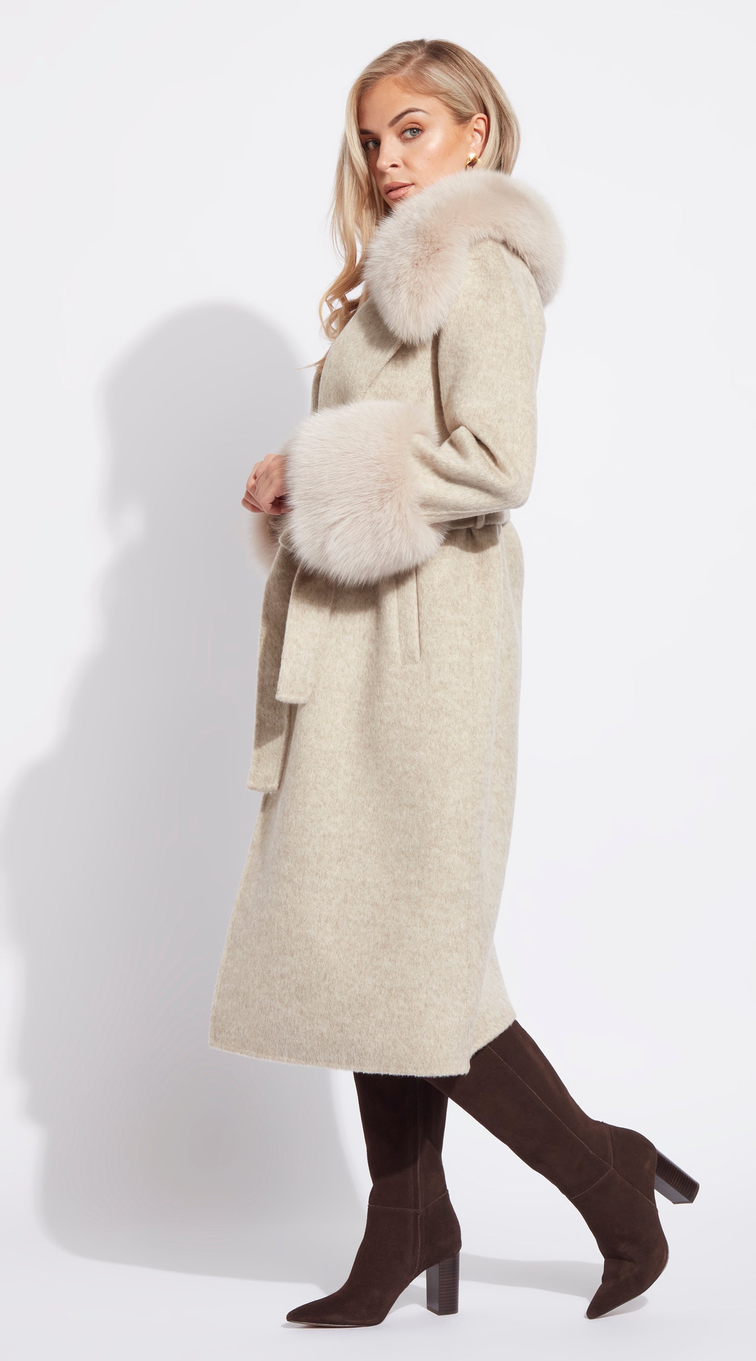 Cashmere & Fox Fur Robe Coat - Beige
