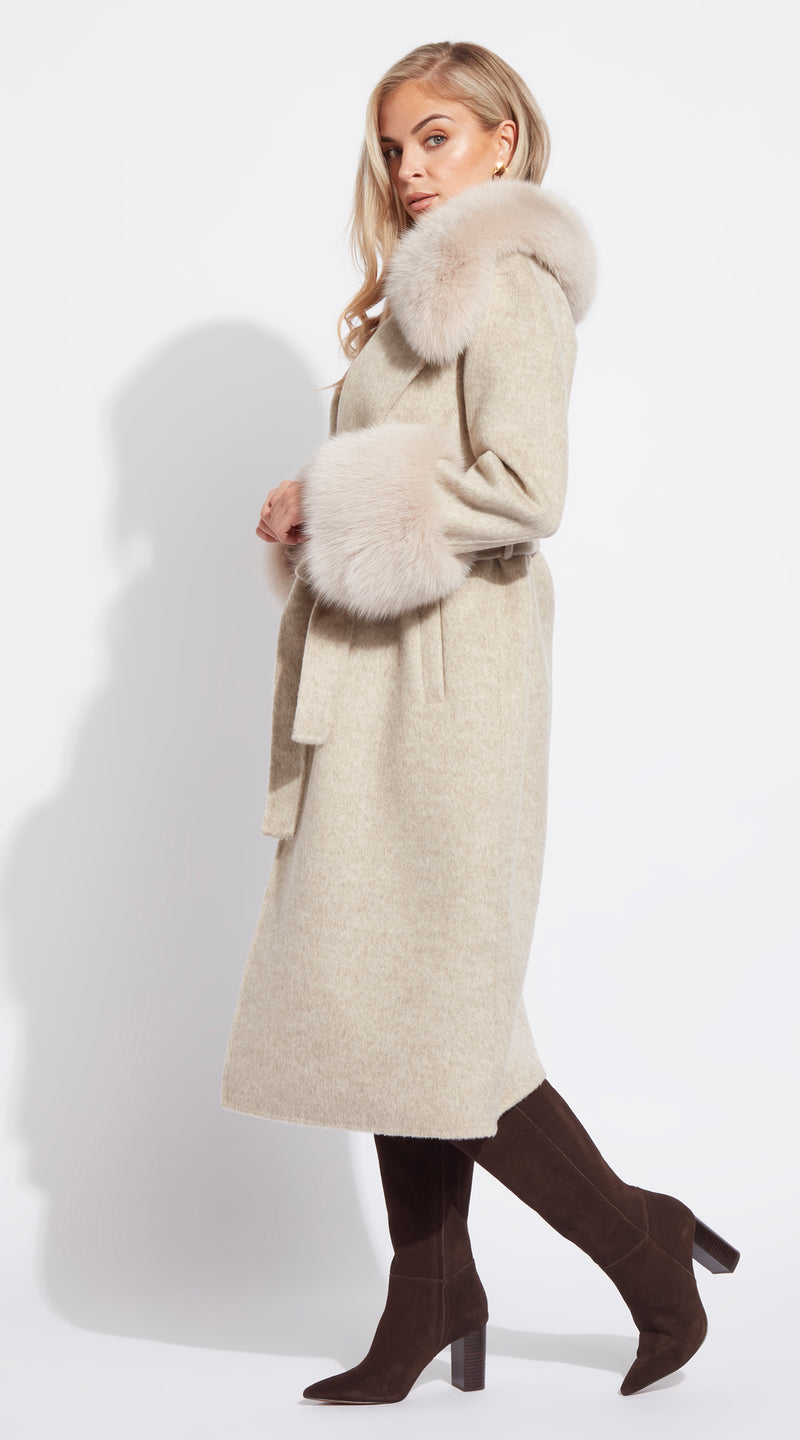Cashmere & Fox Fur Robe Coat - Beige