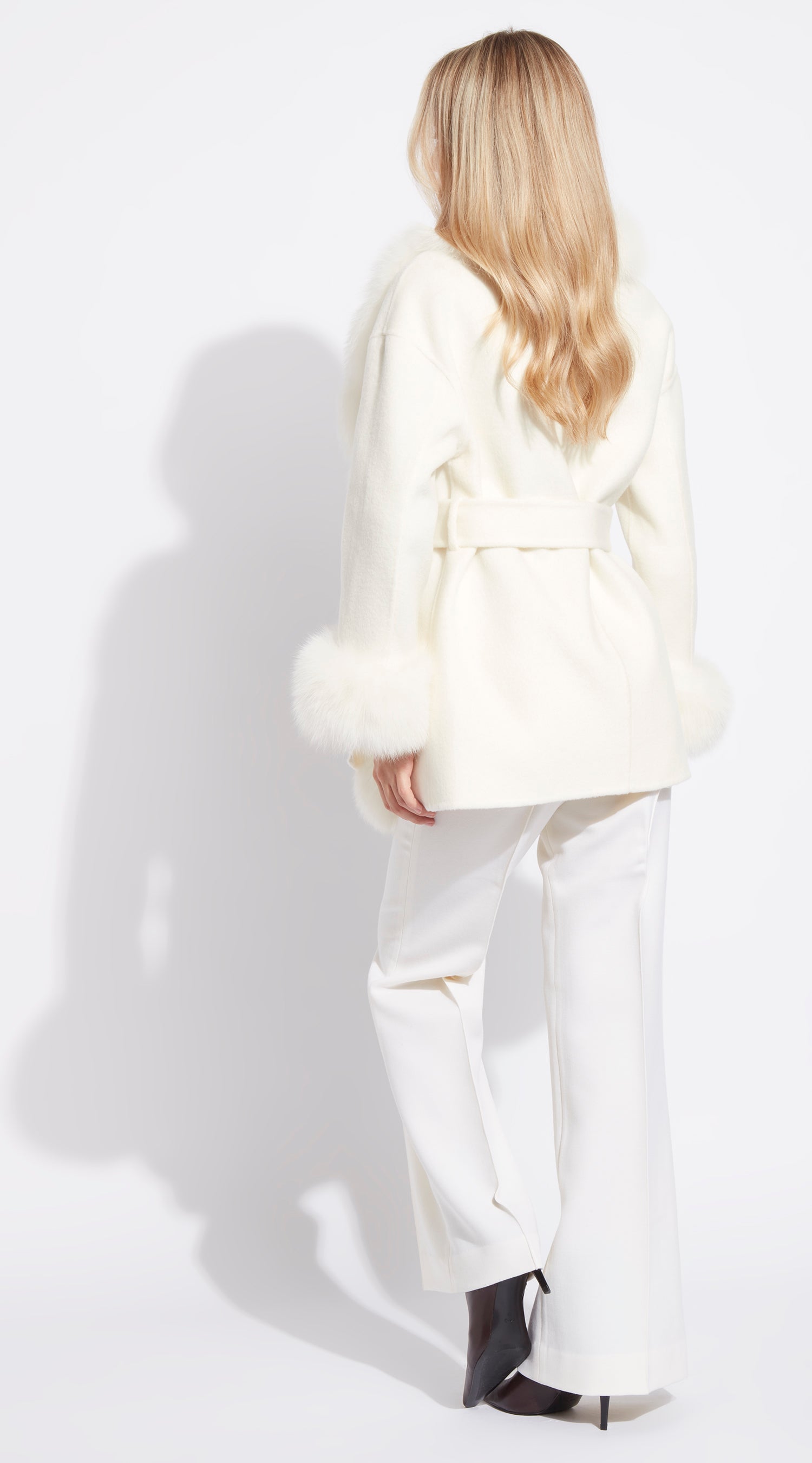 Cashmere & Fox Fur Belted Wrap Coat - Crema