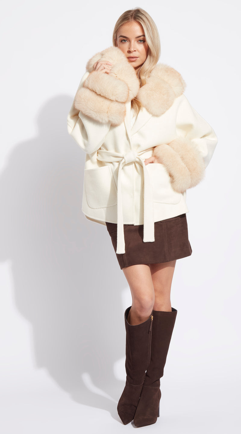 The London Cashmere & Fur Collar & Double Cuffed Coat - Crema