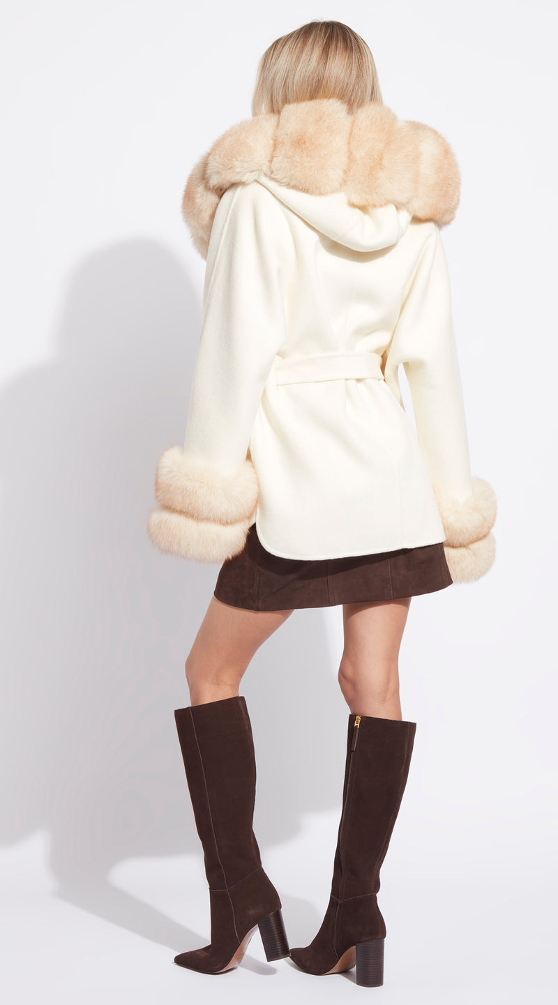 The London Cashmere & Fur Collar & Double Cuffed Coat - Crema