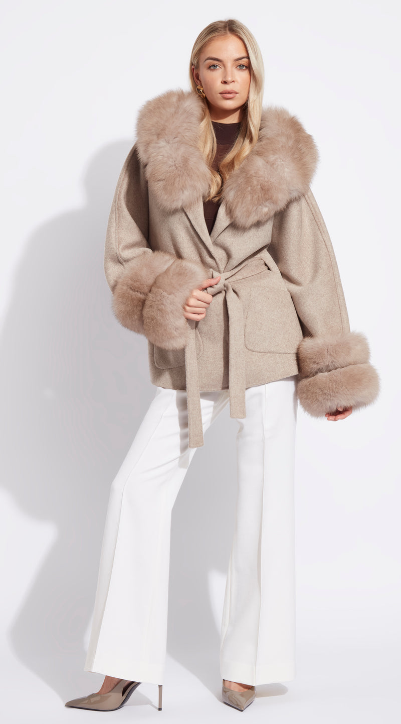 The London Cashmere & Fur Collar & Double Cuffed Coat - Taupe