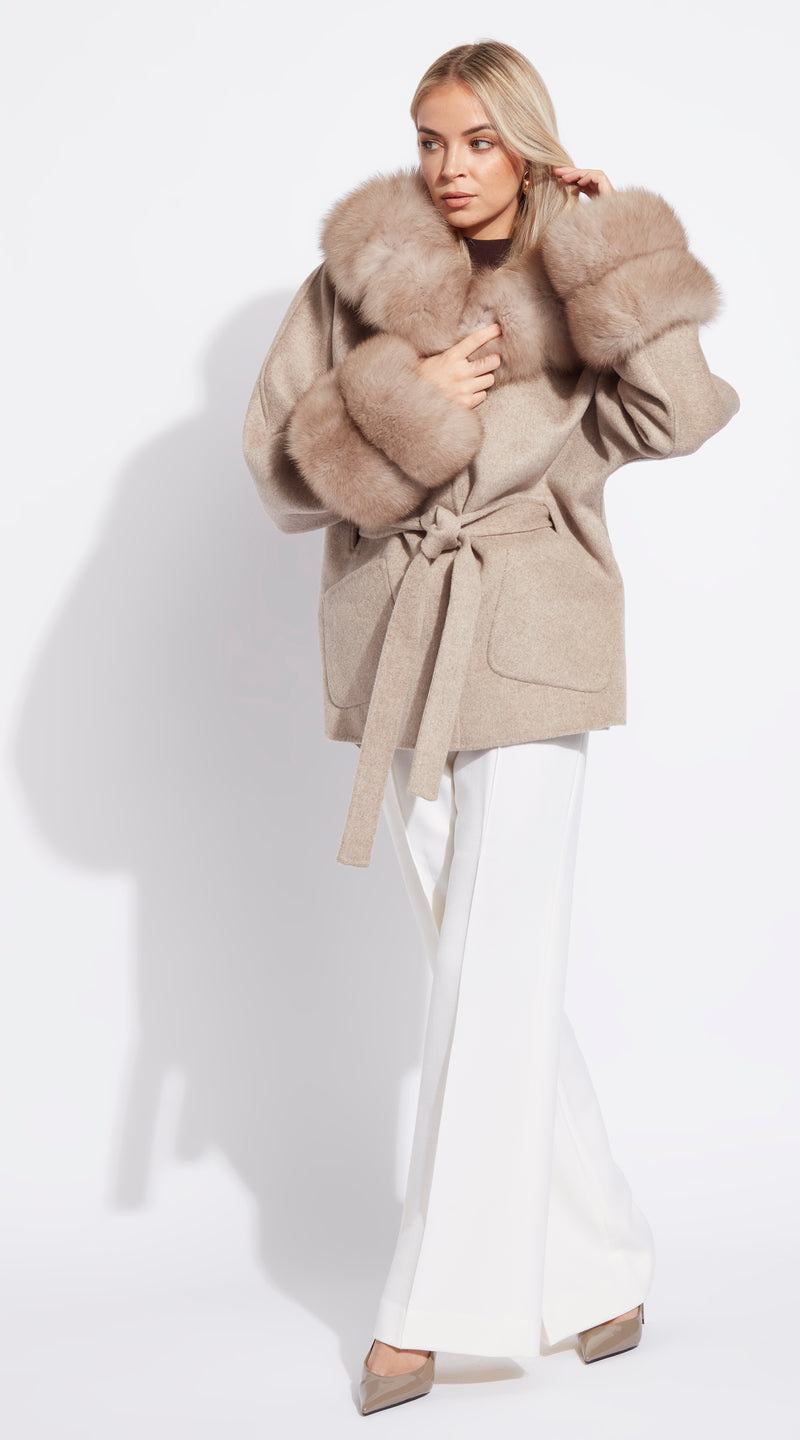 The London Cashmere & Fur Collar & Double Cuffed Coat - Taupe