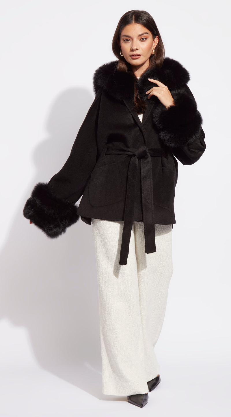 The London Cashmere & Fur Collar & Double Cuffed Coat - Black