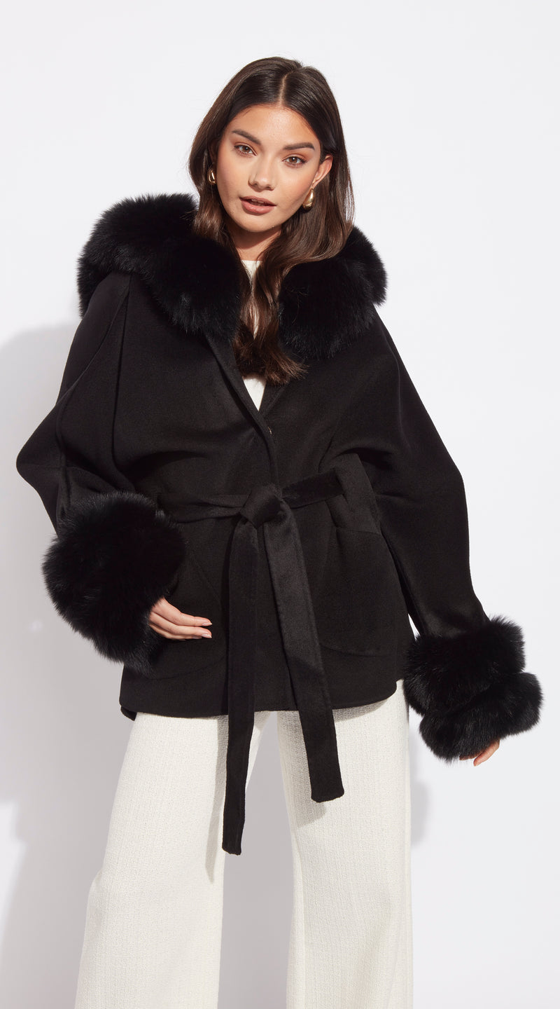 The London Cashmere & Fur Collar & Double Cuffed Coat - Black