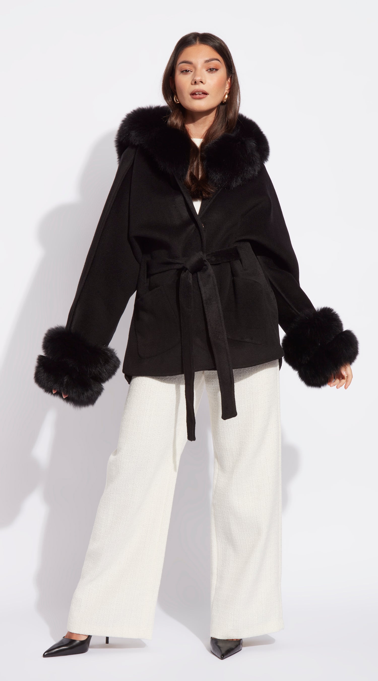 The London Cashmere & Fur Collar & Double Cuffed Coat - Black