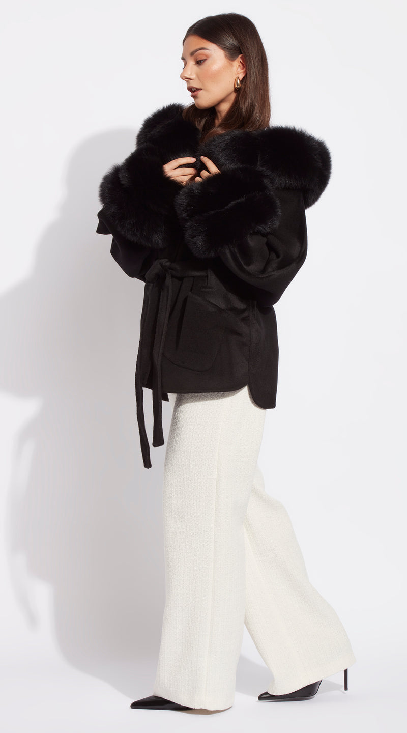 The London Cashmere & Fur Collar & Double Cuffed Coat - Black