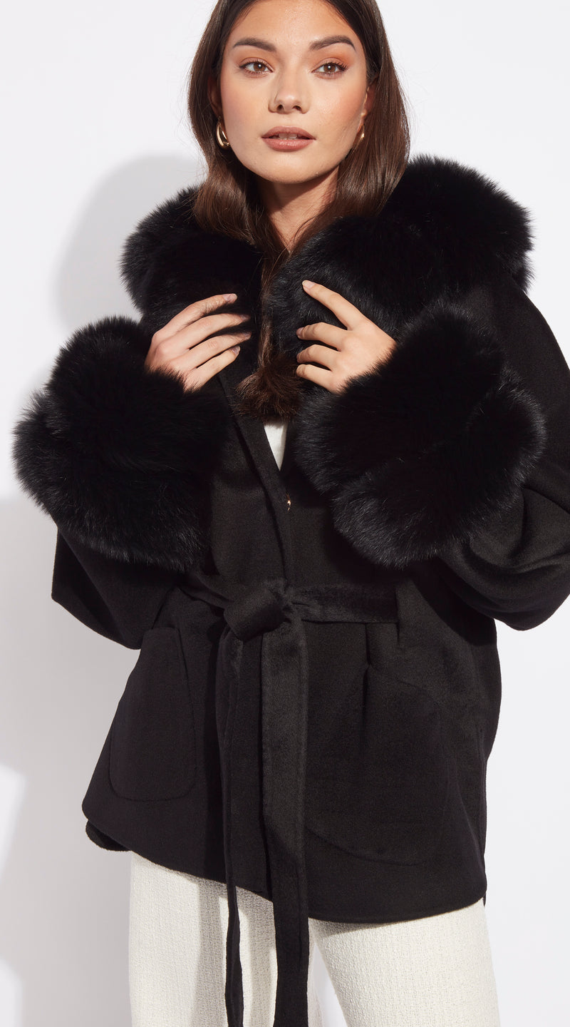 The London Cashmere & Fur Collar & Double Cuffed Coat - Black