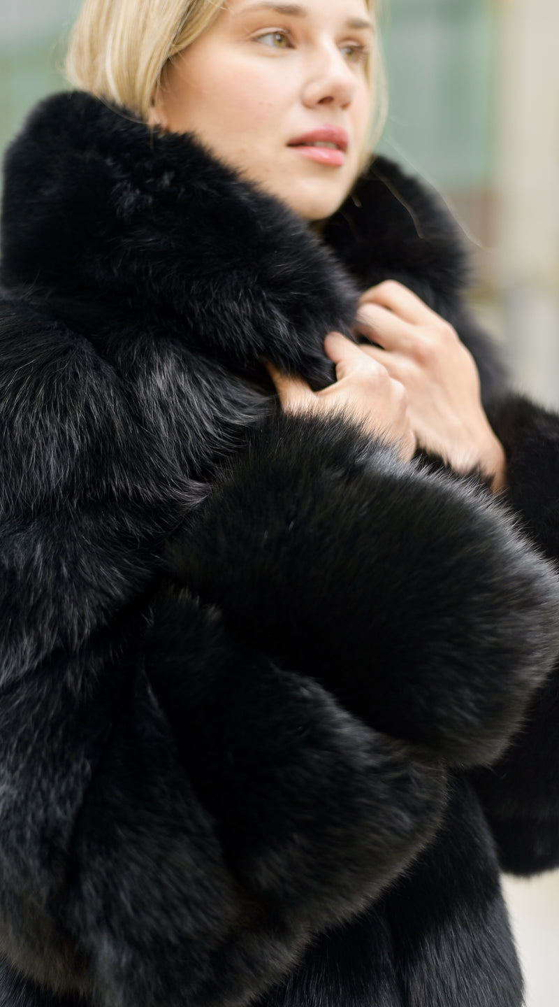 Supreme Luxy  Fox Fur Collared Coat - Black