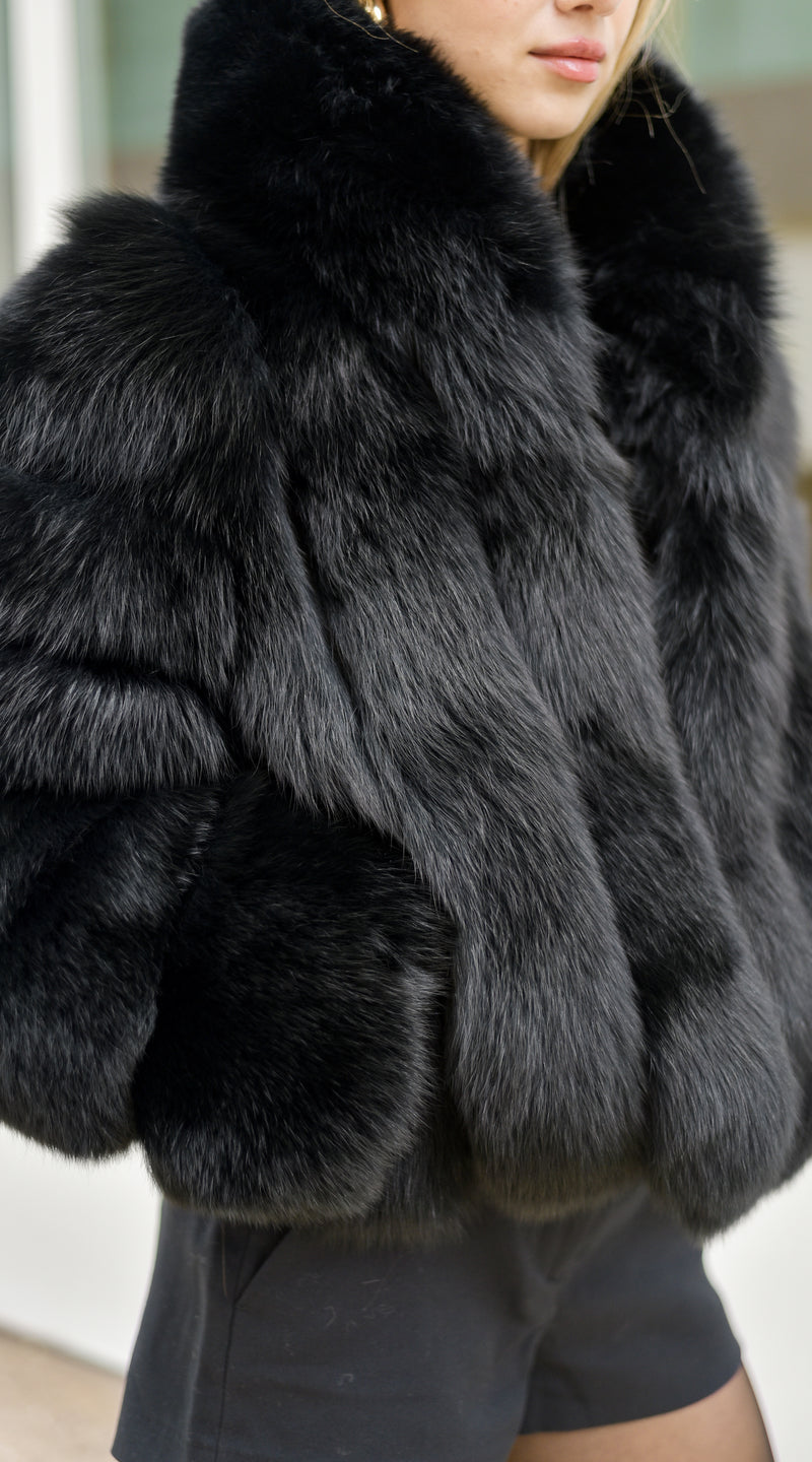 Supreme Luxy  Fox Fur Collared Coat - Black