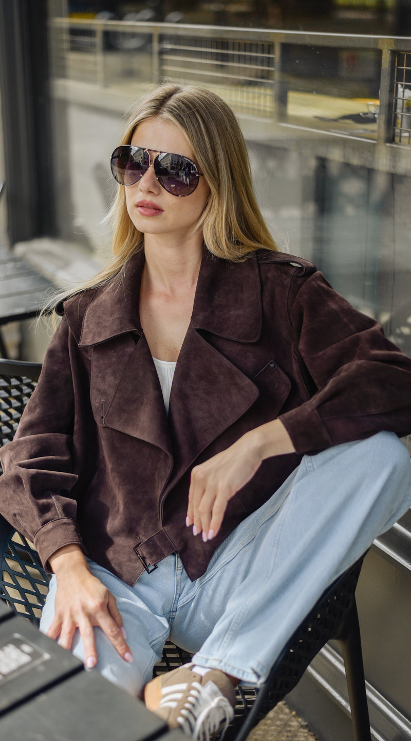 Luxy Oversized Suede Jacket - Dark Brown