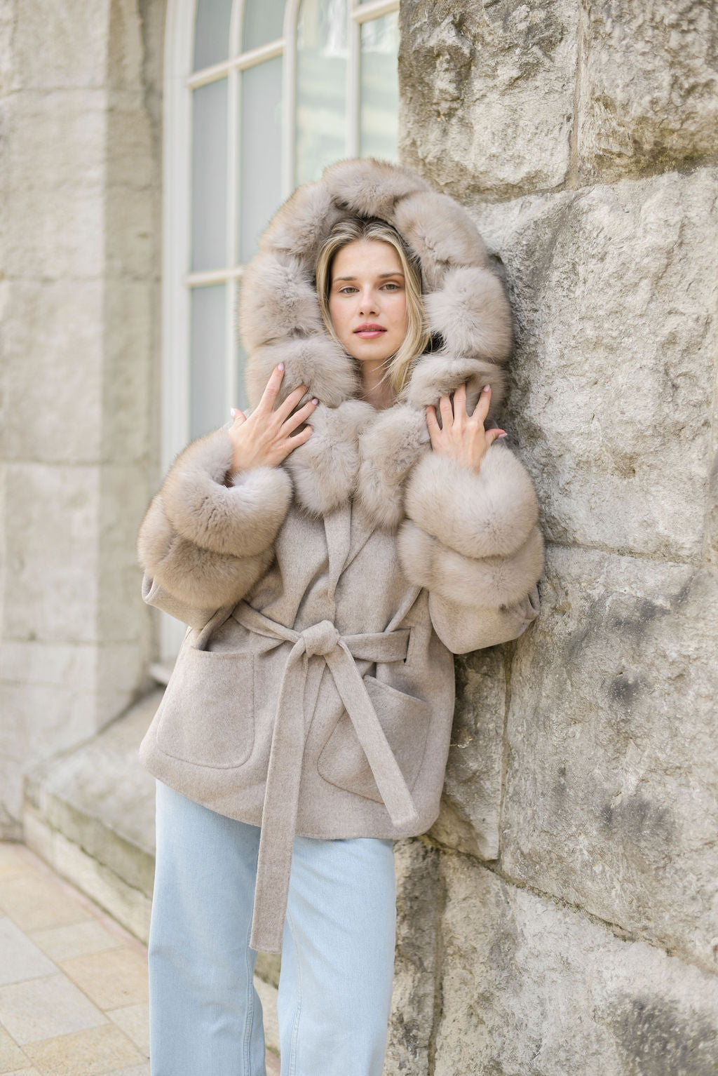 The London Cashmere & Fur Collar & Double Cuffed Coat - Taupe