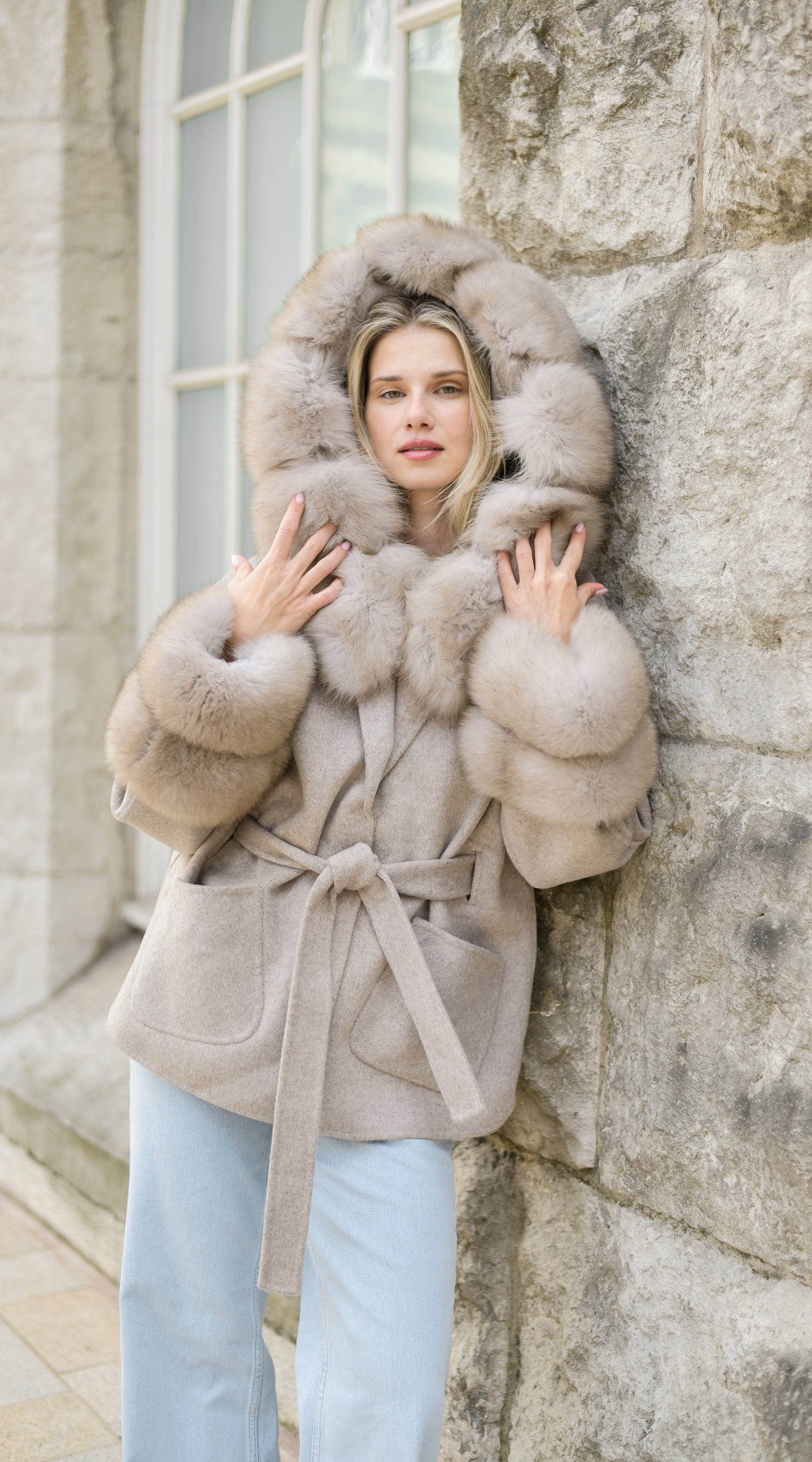 The London Cashmere & Fur Collar & Double Cuffed Coat - Taupe