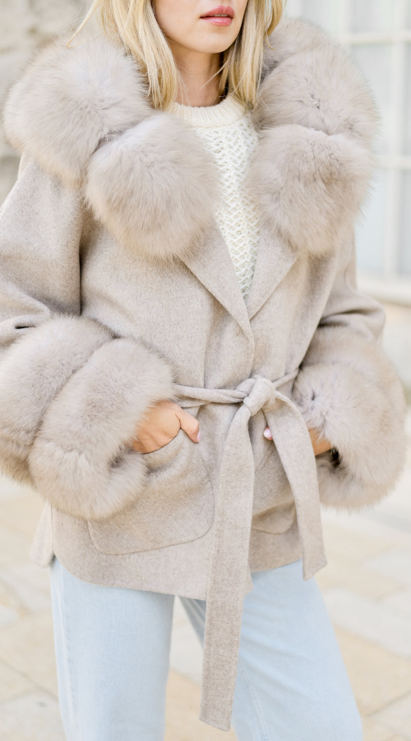 The London Cashmere & Fur Collar & Double Cuffed Coat - Taupe