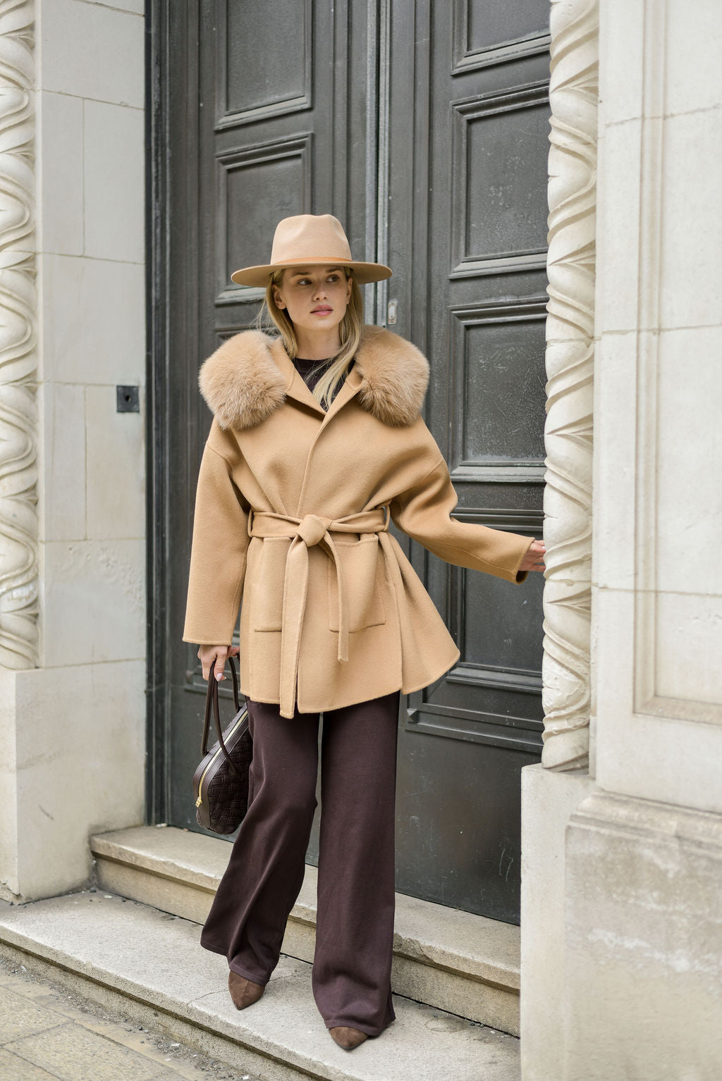 The London Cashmere & Fox Fur Belted Coat - Camel
