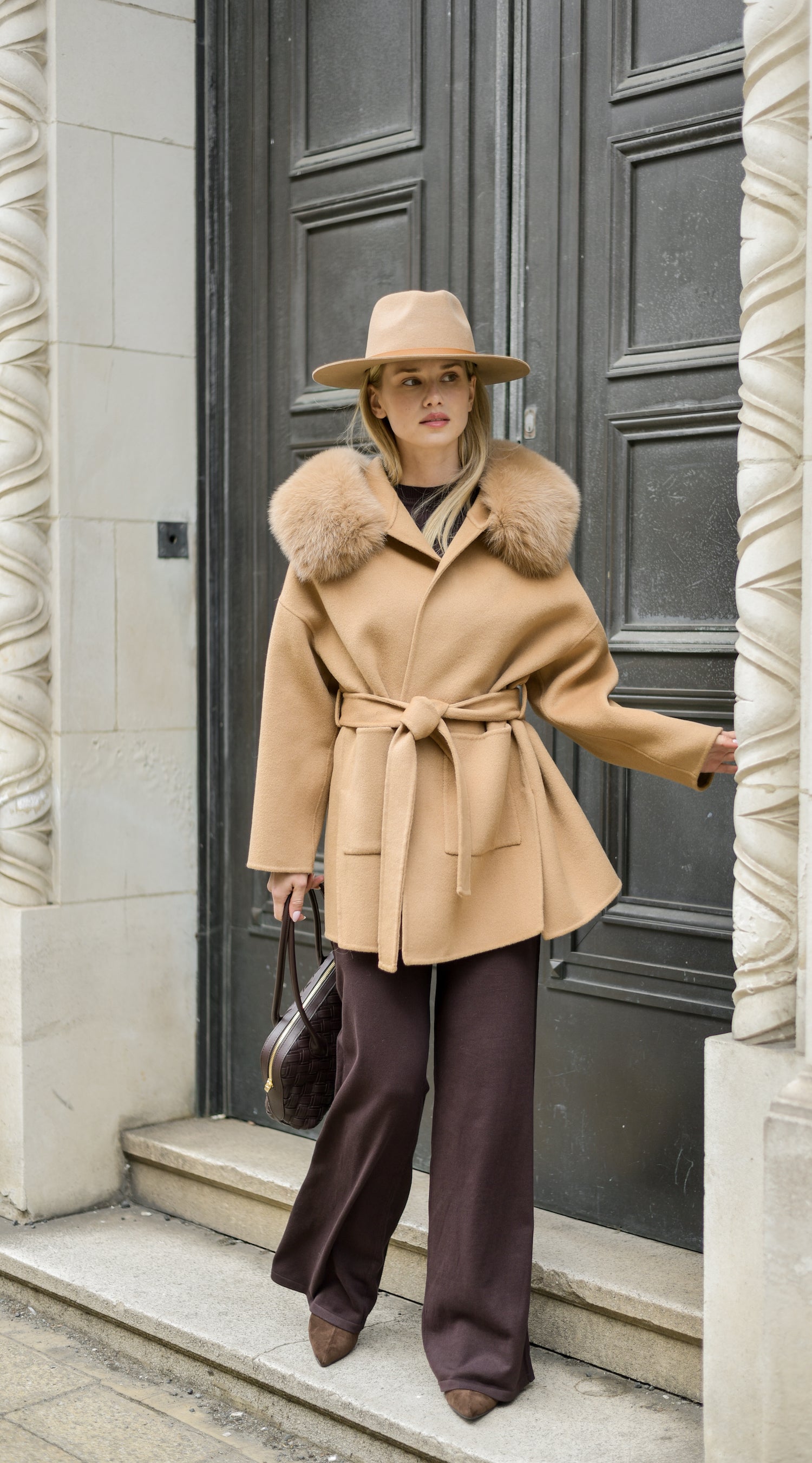 The London Cashmere & Fox Fur Belted Coat - Camel