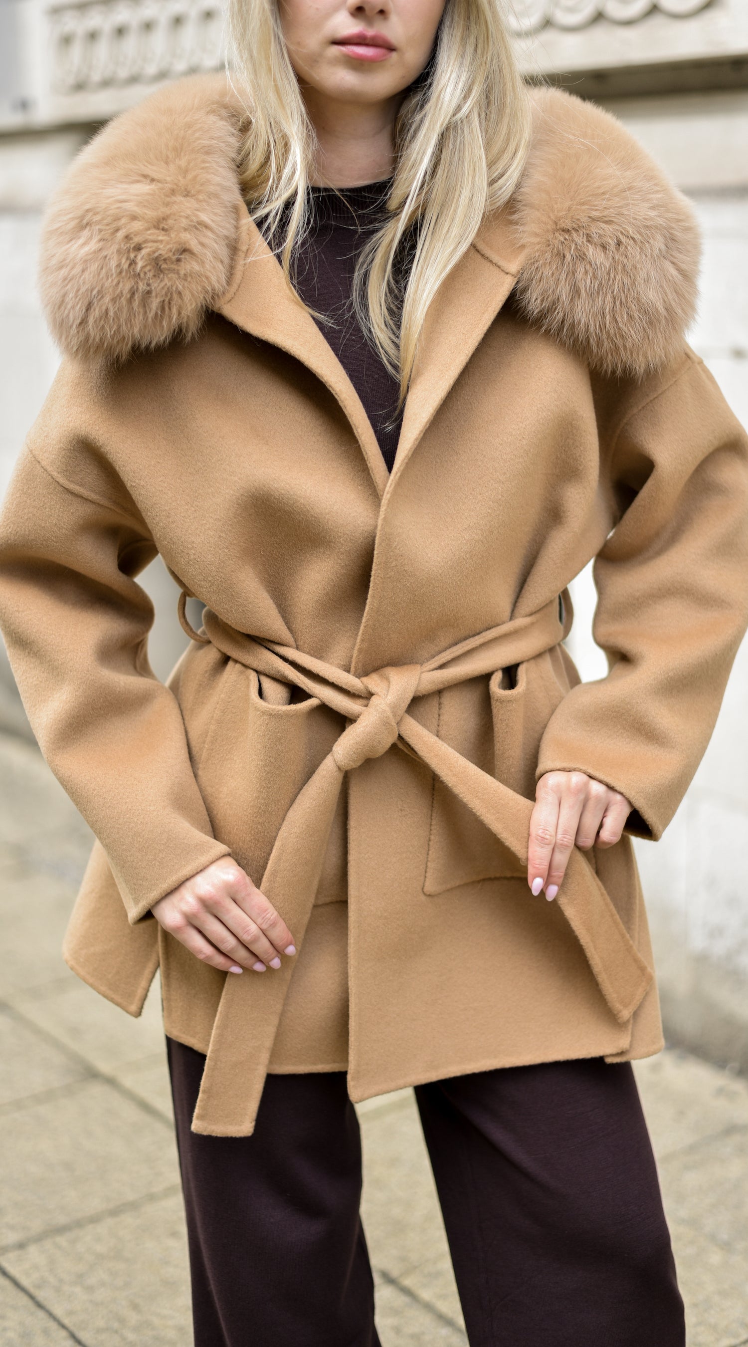 The London Cashmere & Fox Fur Belted Coat - Camel