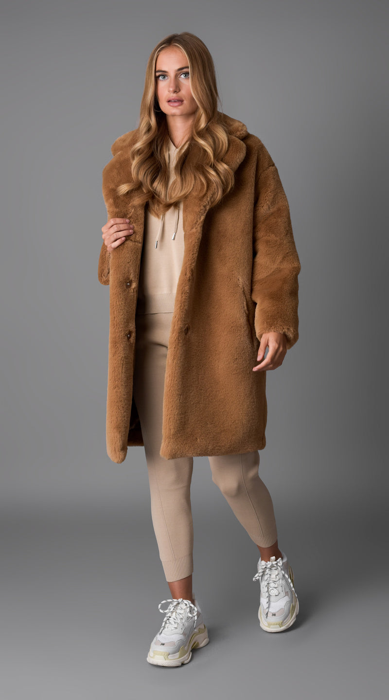 Luxy Faux Fur Midi Coat - Tan