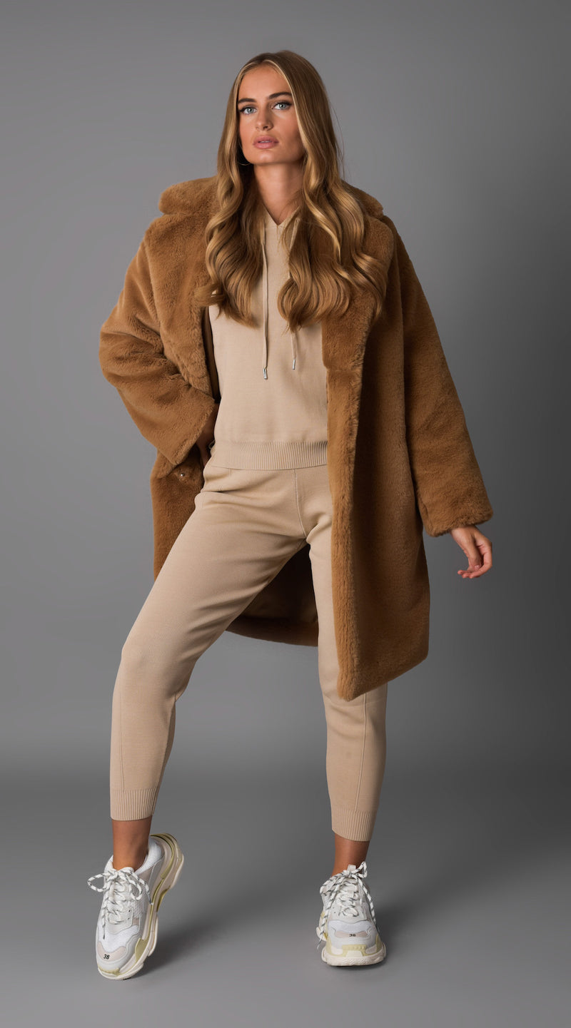 Luxy Faux Fur Midi Coat - Tan