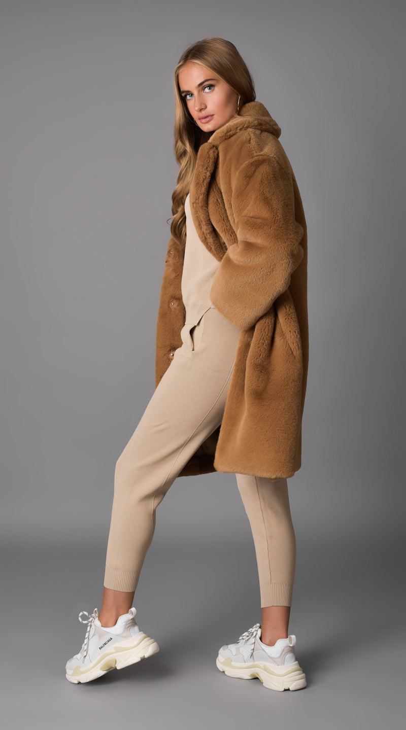 Luxy Faux Fur Midi Coat - Tan