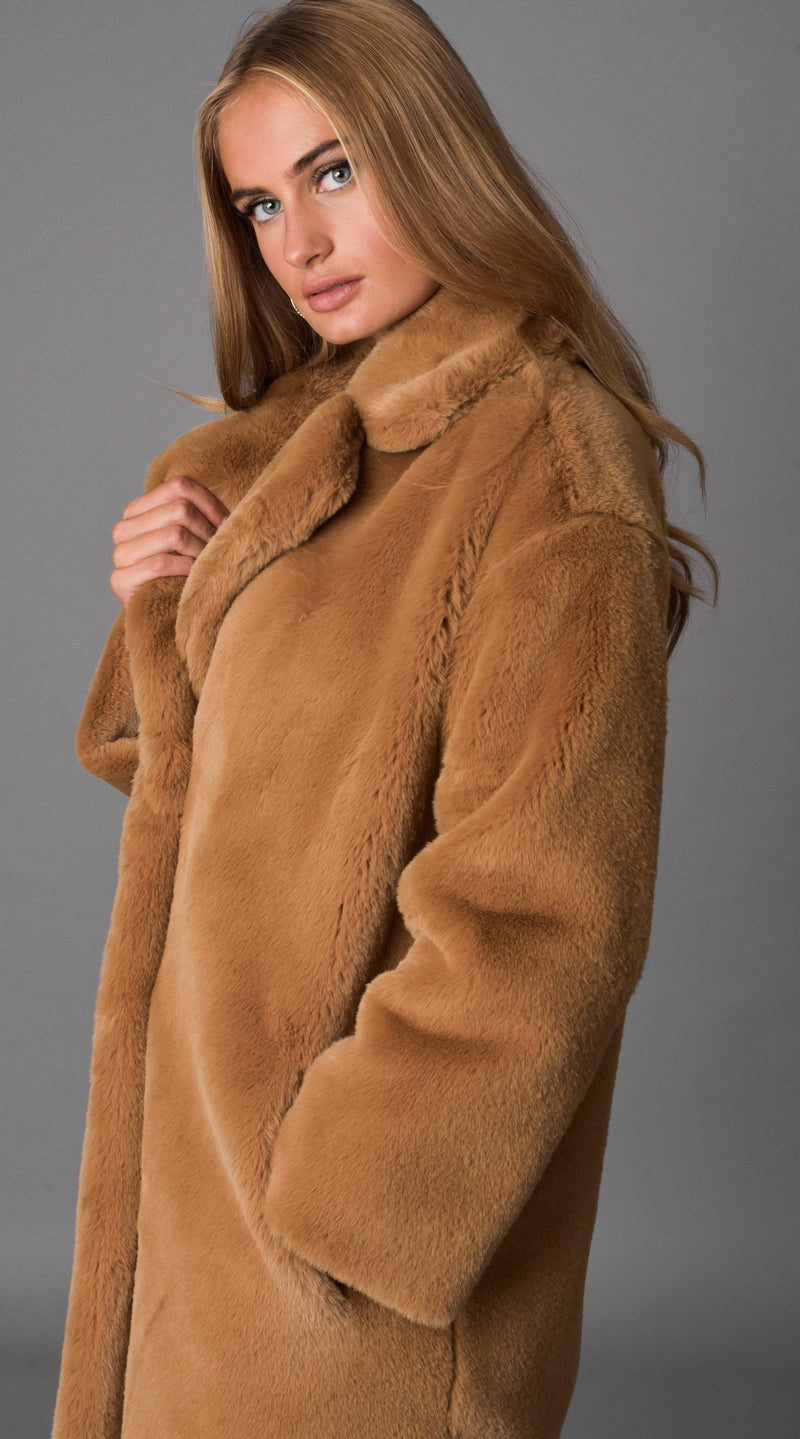 Luxy Faux Fur Midi Coat - Tan