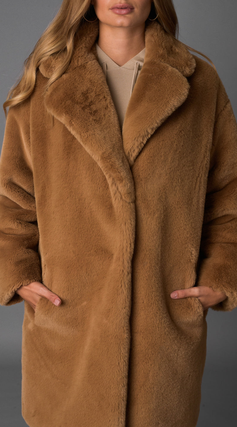 Luxy Faux Fur Midi Coat - Tan