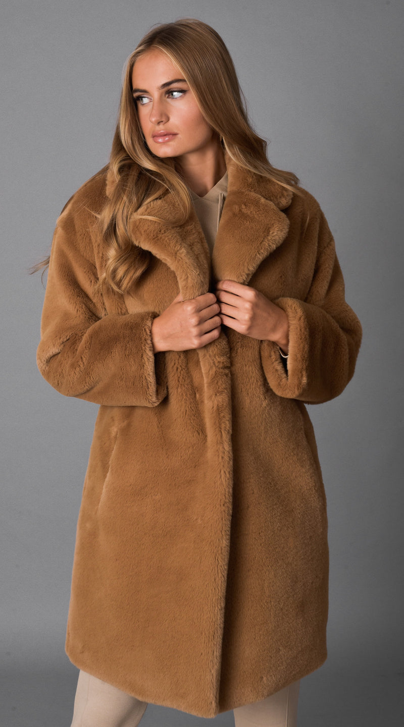 Luxy Faux Fur Midi Coat - Tan