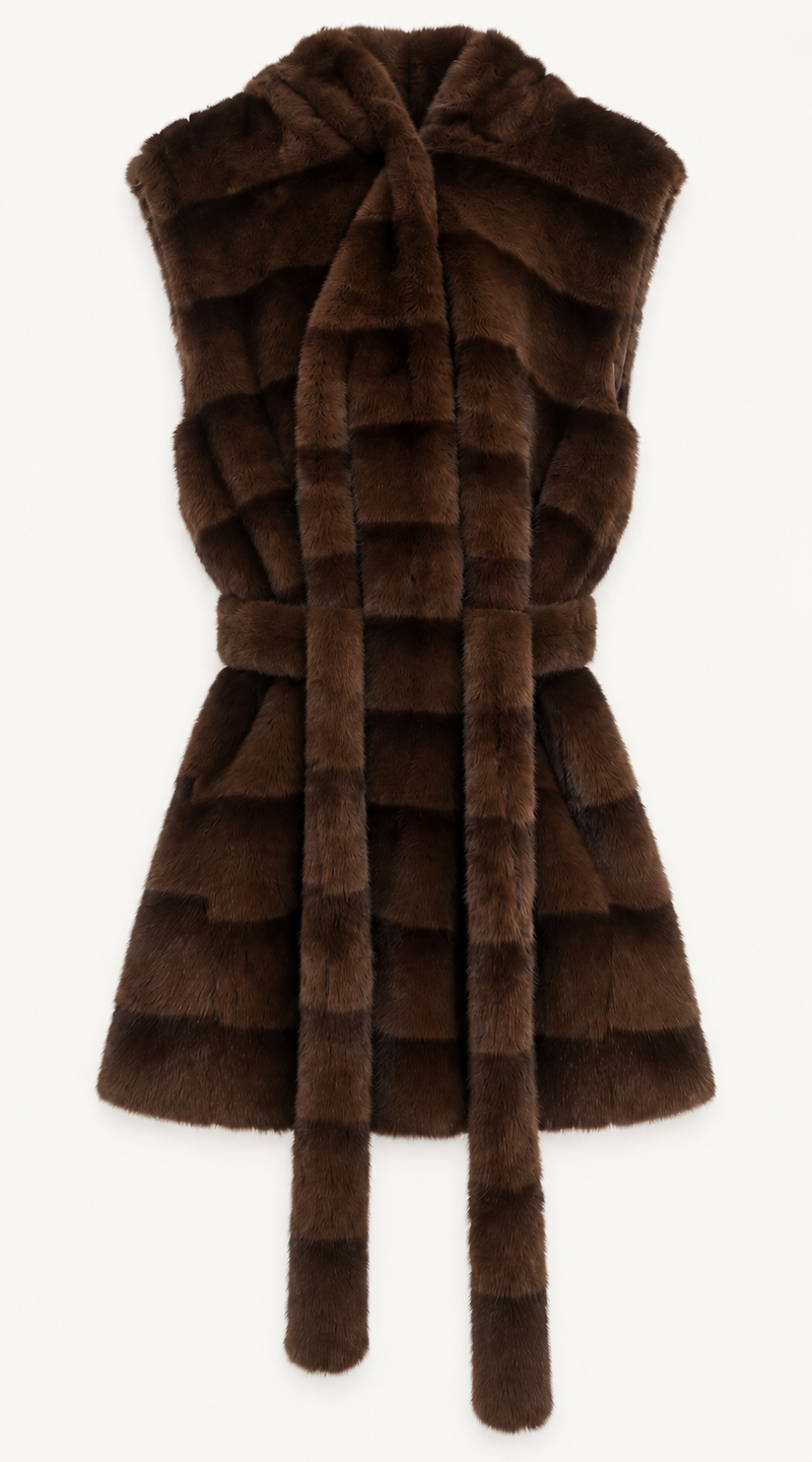 Luxy Faux Fur Brown Hooded Gilet with Belt