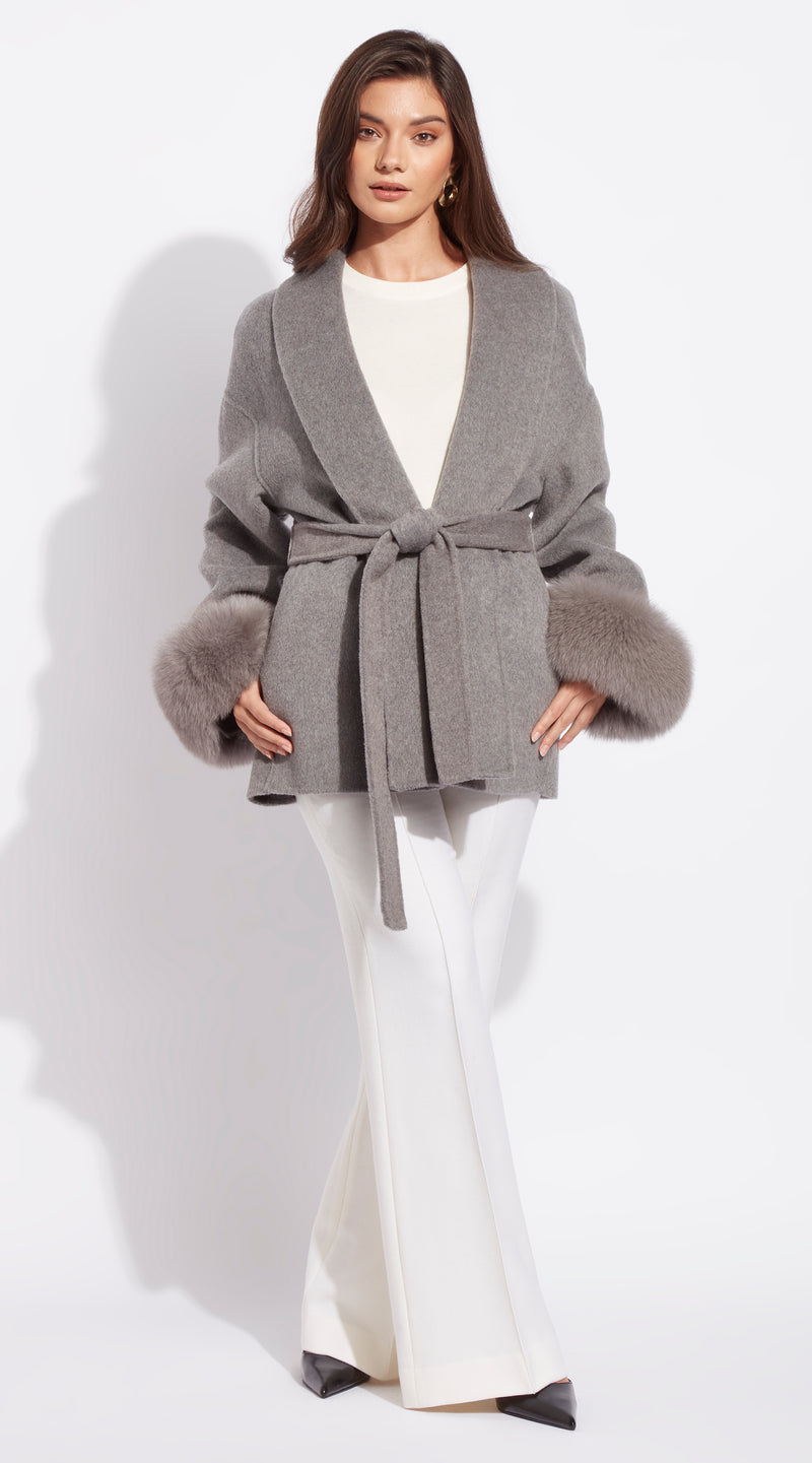 Luxy Cashmere & Fur Cuffed Belted Wrap Coat - Grey