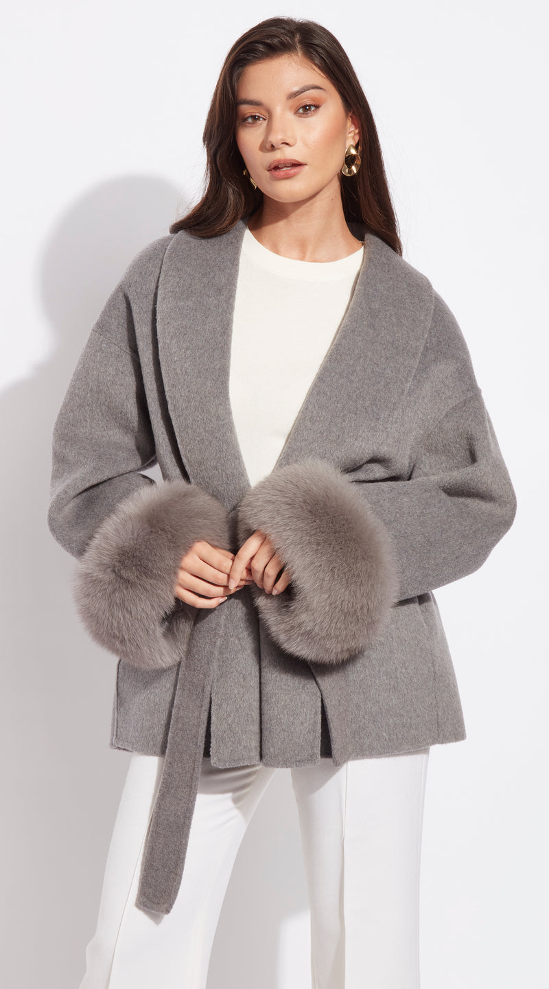 Luxy Cashmere & Fur Cuffed Belted Wrap Coat - Grey