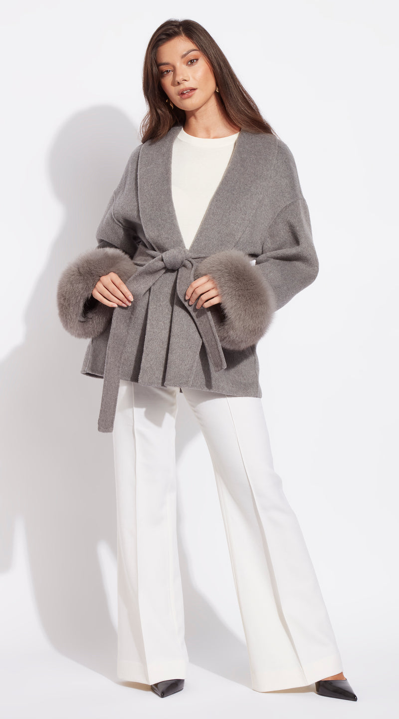 Luxy Cashmere & Fur Cuffed Belted Wrap Coat - Grey