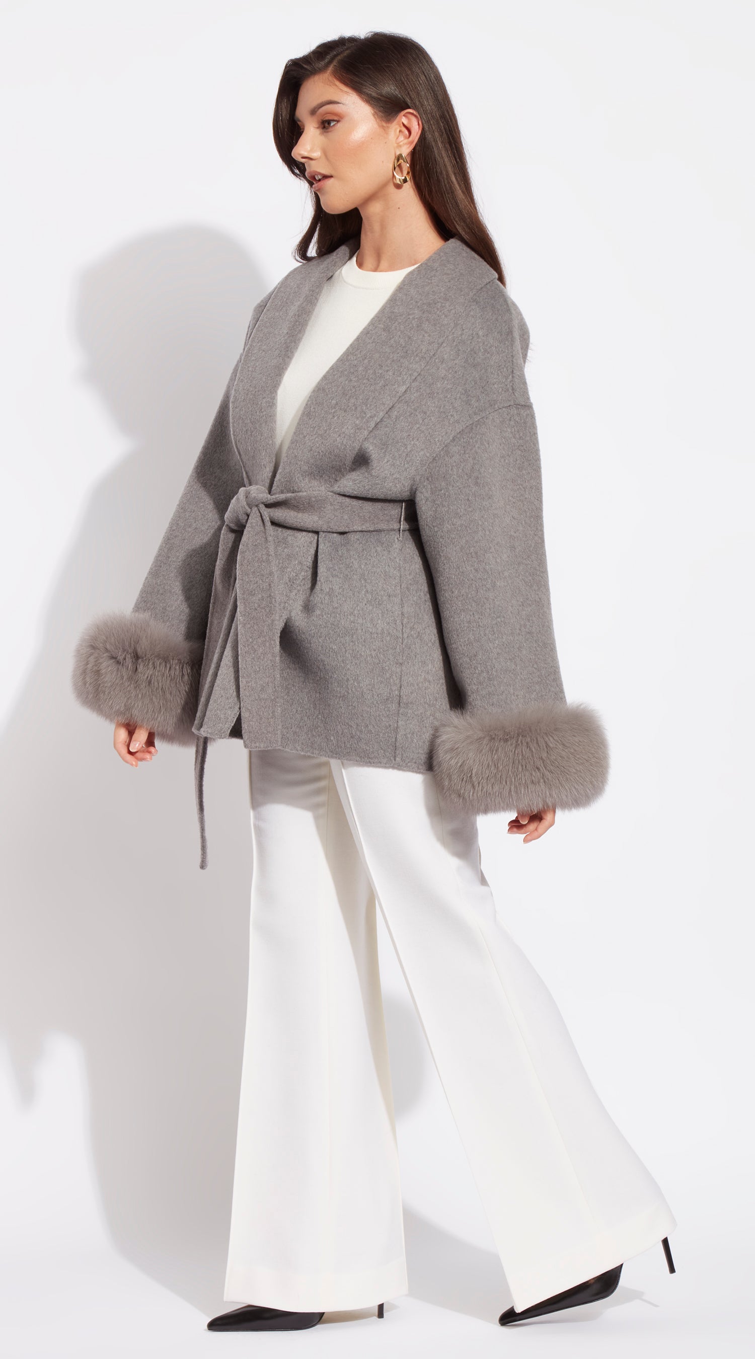 Luxy Cashmere & Fur Cuffed Belted Wrap Coat - Grey