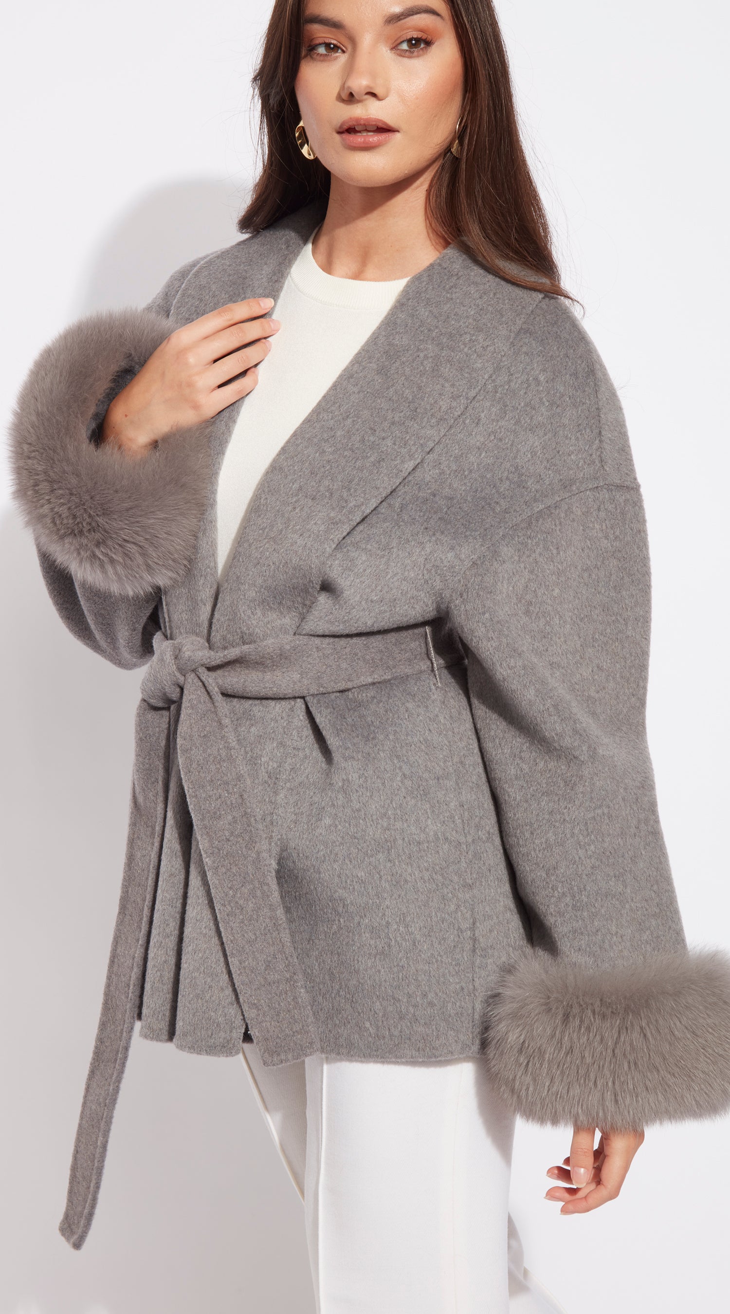 Luxy Cashmere & Fur Cuffed Belted Wrap Coat - Grey