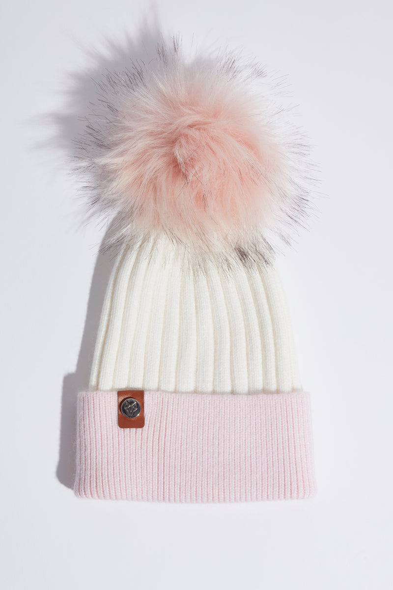 Faux Harley Pom Pom Hat - White/Pink