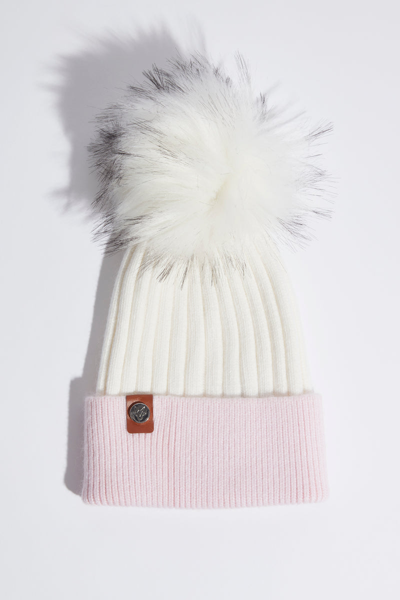 Faux Harley Pom Pom Hat - White/Pink