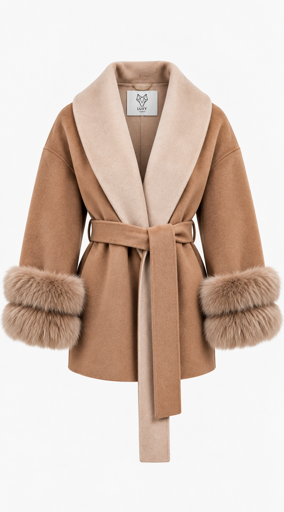 Luxy Two Tone Cashmere & Double Fur Cuffed Belted Wrap Coat