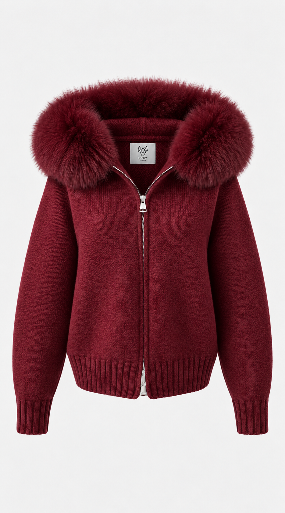 Luxy Knitted Zip Through Fur Hoodie - Burgundy