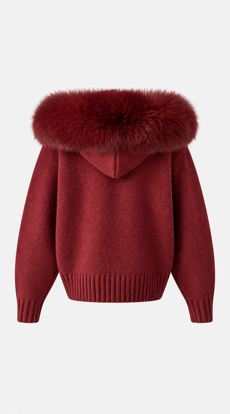 Luxy Knitted Zip Through Fur Hoodie - Burgundy