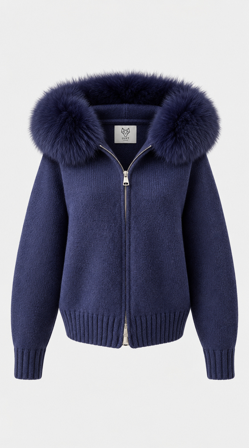Luxy Knitted Zip Through Fur Hoodie - Navy