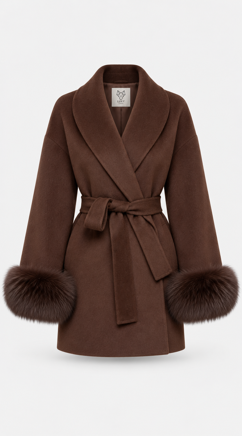 Luxy Cashmere & Fur Cuffed Belted Wrap Coat - Brown