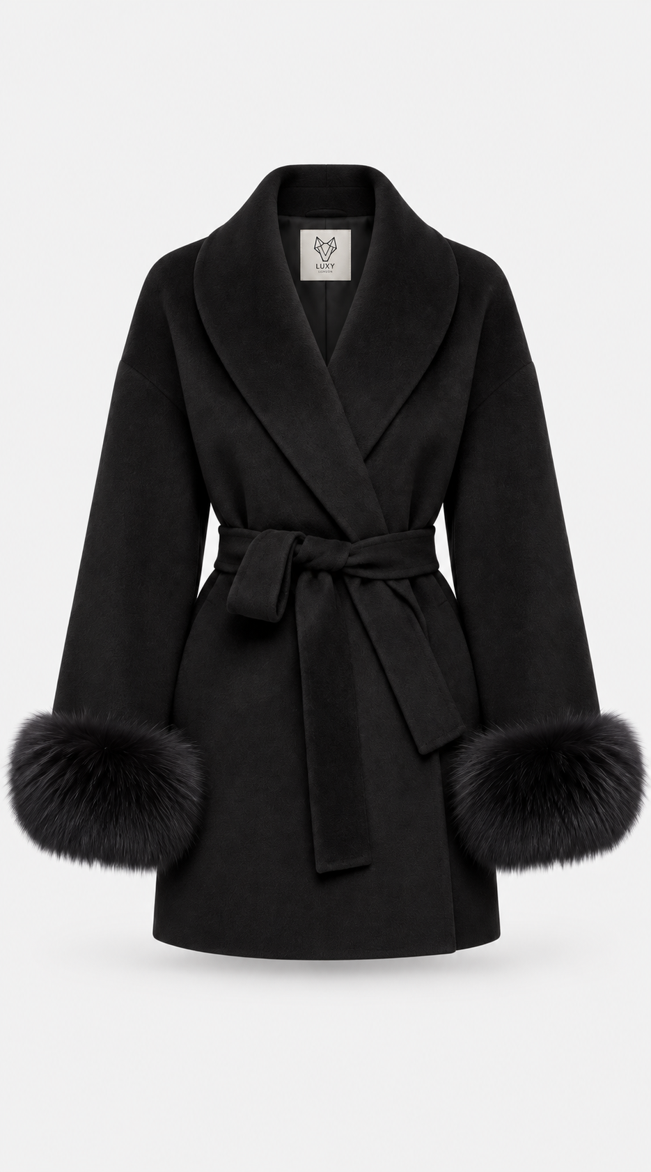 Luxy Cashmere & Fur Cuffed Belted Wrap Coat - Black