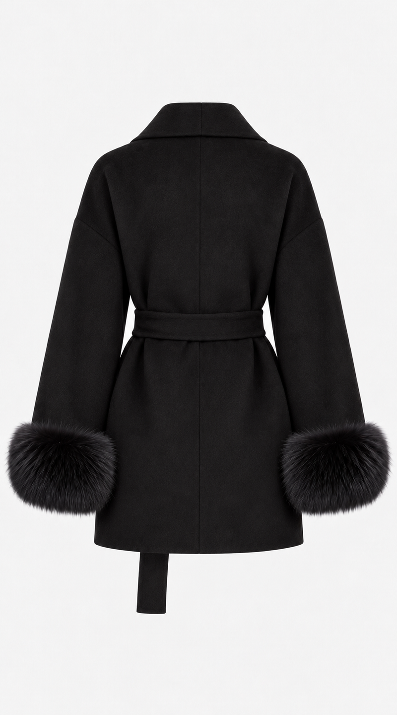 Luxy Cashmere & Fur Cuffed Belted Wrap Coat - Black