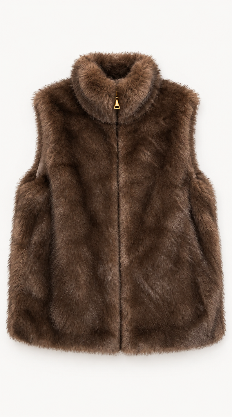 High Collar Faux Fur Gillet - Brown