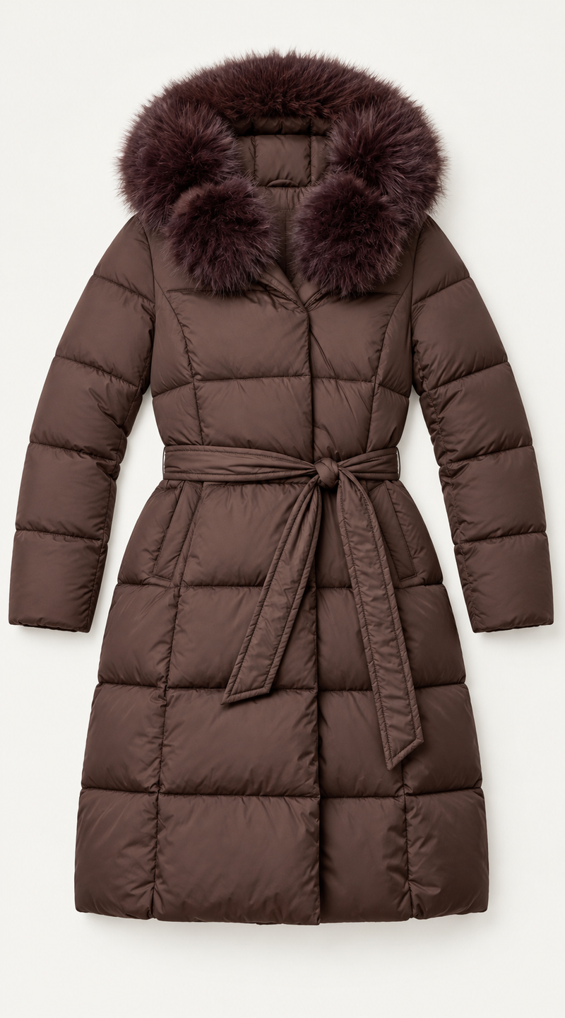 Faux Fur Hood Longline Puffer Jacket - Brown