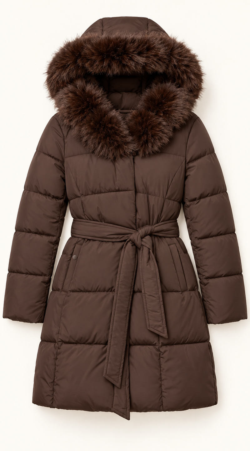 Faux Fur Hood Short Puffer Jacket - Brown